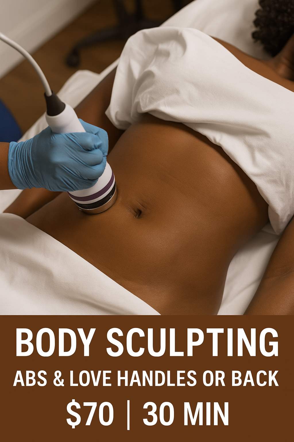 Deposit for $35 or ONLY Cavitation (Fat Melting) on Love Handles & Abs or BACK ROLLS or Arms and Legs ONLY 30 min