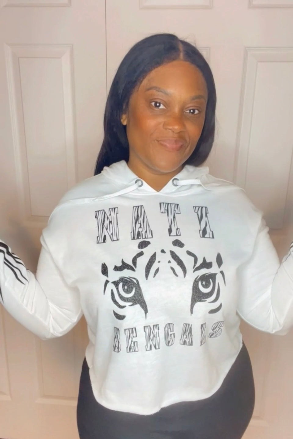 Nati Tiger White Crop Hoodie with Black Font